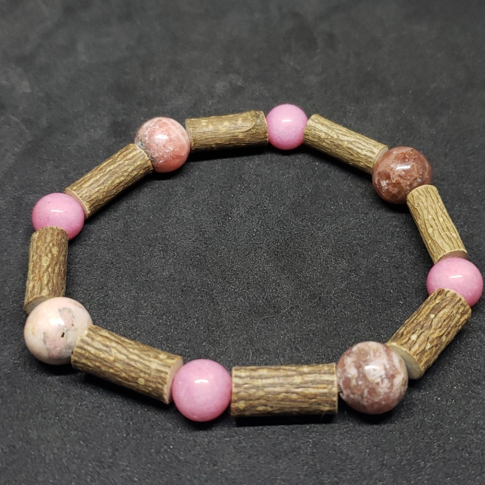 Rhodochrosite, morganite, hazelwood bracelet
